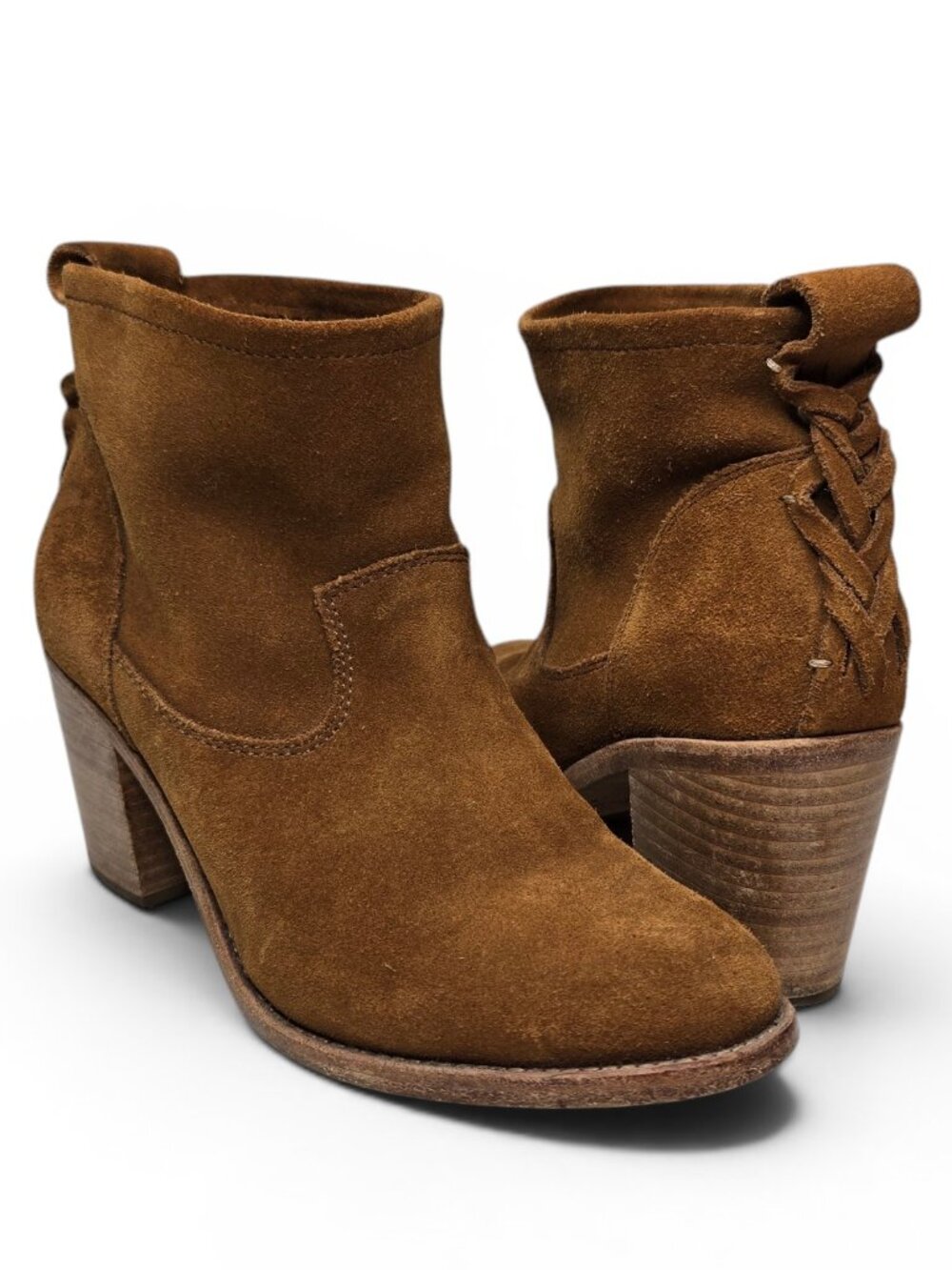 Soludos Suede Booties Women's Western Style Braided Back Tan Chunky Heel 6.5‎